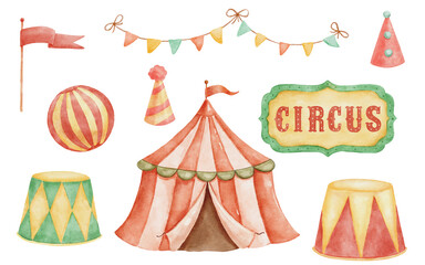 Circus watercolor hand drawn illustrations set for nursery and kids. Tent, stand for circus animals and garland of flags isolated © Elena