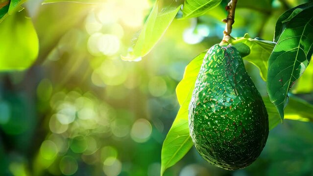 Close-up of avocado hanging from tree branch in sunlight