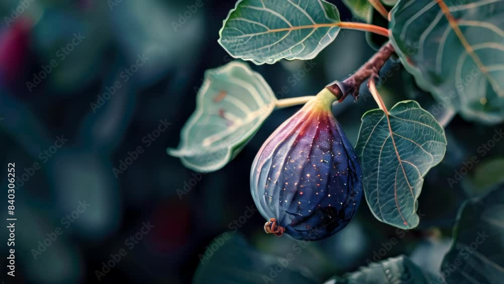 Poster close-up of ripe fig on tree with blurred background