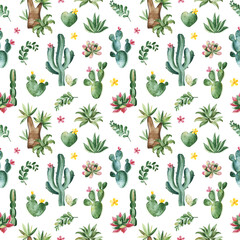 Watercolor cute seamless texture with succulents,cactus,flowers,stones and branches. Tropical collection.Perfect for your project, background,wallpapers,prints, textile etc