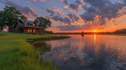 Fototapeta premium A Rustic Cabin Nestled on the Edge of a Tranquil Lake at Sunset. Generative AI