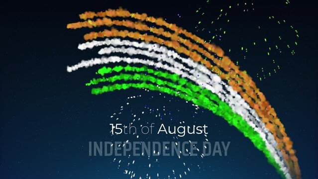 15th of august, india independence day, indian colorful fireworks flag on blue night sky background. India national holiday august 15. Animated cartoon greeting card for independence day