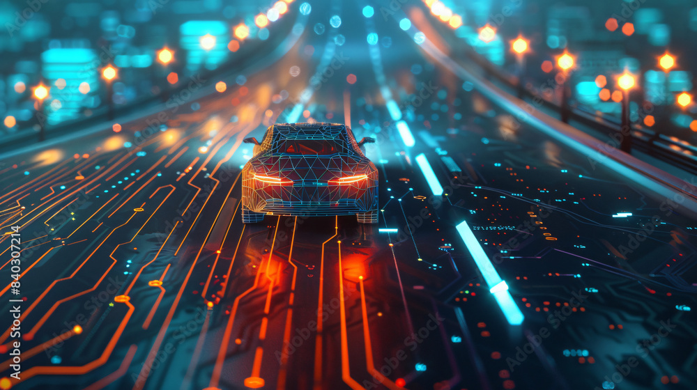 Poster Abstract concept of a neon wireframe car speeding on a vivid cybernetic road with glowing data streams