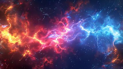 Vibrant illustration of a space nebula with clashing red and blue hues, symbolizing cosmic forces