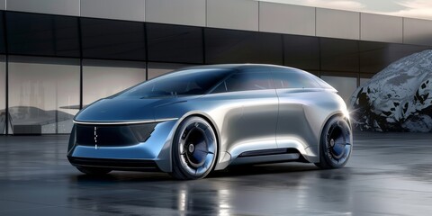 future concept MPV design in 2084, silver paint, minimalist face, full volume, there is a person close to it 
