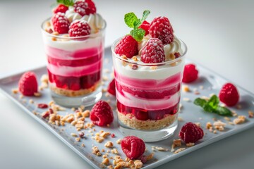 Raspberry parfait with fresh mint and granola, perfect for dessert photography and healthy eating enthusiasts