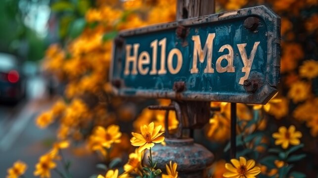 A Rusty Sign Welcomes the Arrival of May Amidst Blooming Yellow Flowers. Generative AI