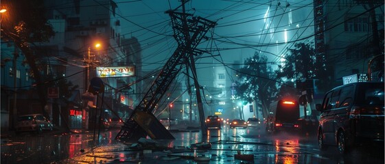 Electrical poles toppled because of a raging storm. Heavy rain in the city at night