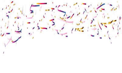 Red, pink, golden and colorful confetti glitter and zigzag ribbon falling down on transparent background. Shiny glittering, zigzag ribbon background. Vector illustration.