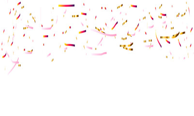 Red, pink, golden and colorful confetti glitter and zigzag ribbon falling down on transparent background. Shiny glittering, zigzag ribbon background. Vector illustration.