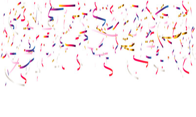 Red, pink, golden and colorful confetti glitter and zigzag ribbon falling down on transparent background. Shiny glittering, zigzag ribbon background. Vector illustration.