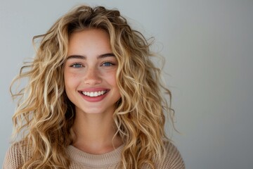 Naklejka premium Beautiful smiling blonde woman with long wavy hair. Copy space for text