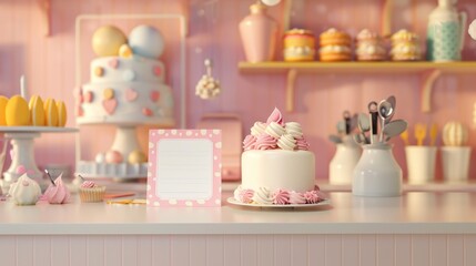 Sugarcraft Masterpiece Blank Business Cards on Pastry Chef's Counter with Decorative Cake and Tools