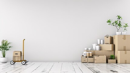 A simple background extends to the right of a blank wall with stacked cardboard boxes. There was a moving dolly in front, a plant, and a brown box of coffee mugs on the table. Free space on the left