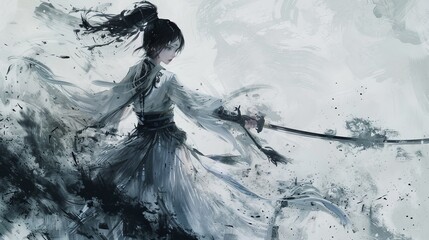 tow anime illustration of a Chinese chivalrous woman holding a sword, in the style of ethereal brushstrokes, ink painting, dark white and dark gray, fluid formation 