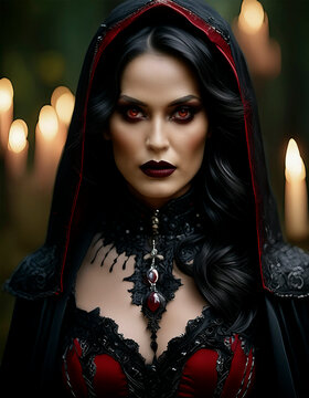 bonita mujer vampira con caperuza roja