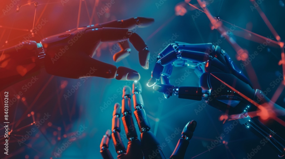 Leinwandbilder AI, Machine learning, Hands of robot and human touching on big data network connection, Data exchange, deep learning, Science and artificial intelligence technology, innovation of futuristic.