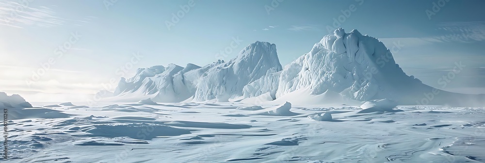 Wall mural a serene winter landscape featuring a snow - covered mountain range under a clear blue sky with a single white cloud