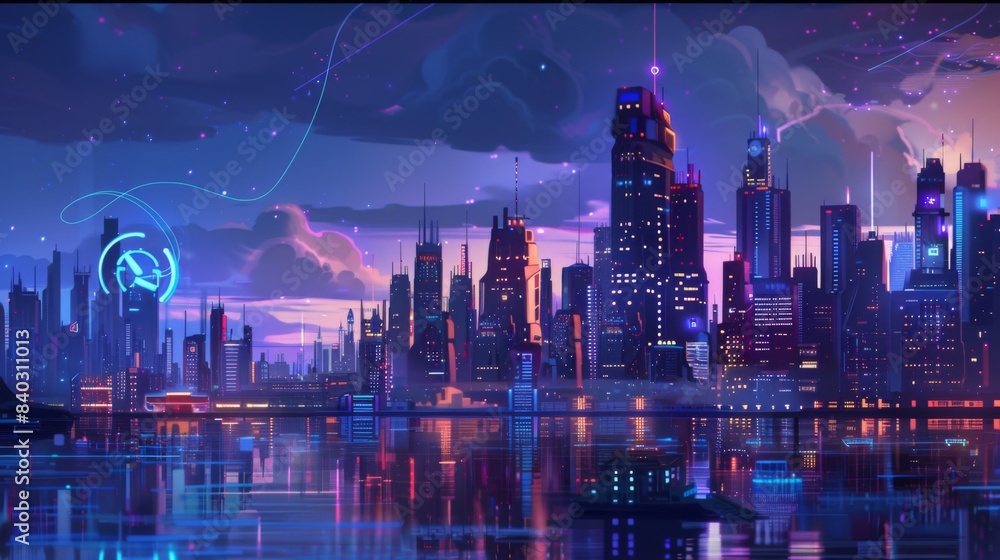 Aufkleber Arel view of City Landscape with internet and technology icon concept background