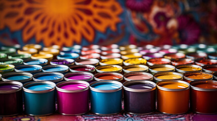 Assorted Paint Cans on Decorative Background
