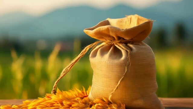 A sack of rice sitting on top of a wooden table.