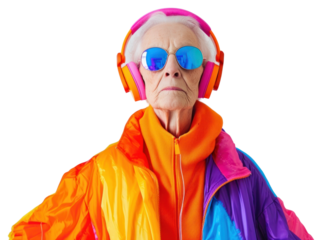PNG  Old woman wearing headphones photography portrait adult.