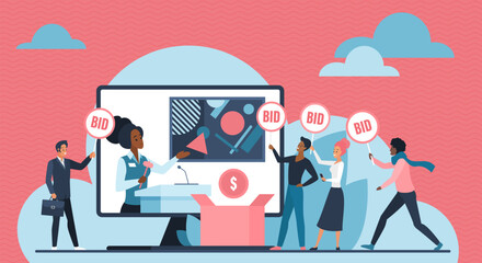 Online auction, public bidding competition process for valuable art item, price suggestion. Tiny people holding bid paddle to offer money for picture on computer screen cartoon vector illustration