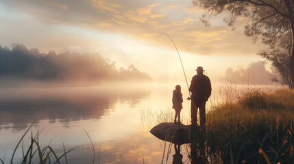 Grandfather and Granddaughter Fishing at Sunrise by Misty Lake for Grandparents Day