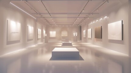 Obraz premium Modern Art Gallery Contemporary Sculpture Exhibition in Elegant Viewing Room with Soft Lighting and Blank Business Cards Luxury Interior Design Concept