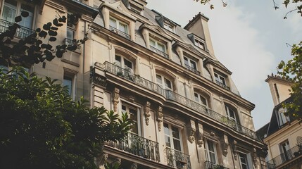 Fototapeta premium Elegant French architectural building with classic design featuring tall windows and ornate balconies surrounded by lush greenery.