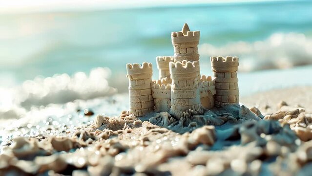 Detailed sandcastle on beach with ocean waves in background