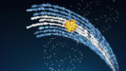 Animated holiday argentina banner template. Fireworks argentinian flag on dark sky background. National holiday. Fireworks argentina flag. Template, place for text, copy space. Animated greeting card