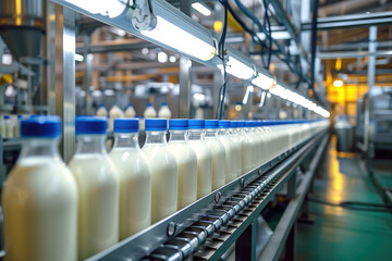 A selective focus shot of complete milk bottling line in a factory