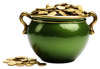 PNG Opened green irish pot gold coin white background.