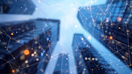 Blockchain network on blurred skyscrapers background. Financial technology and communication concept