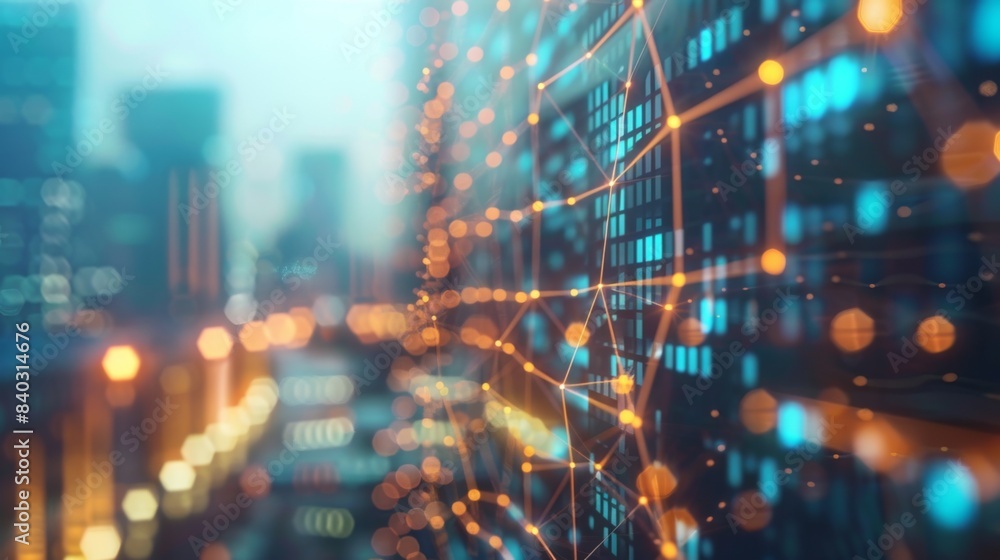 Aufkleber blockchain network on blurred skyscrapers background. financial technology and communication concept