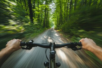 POV of cyclist riding through a lush forest trail at high speed