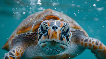 Obraz premium close-up portrait of a green sea turtle underwater