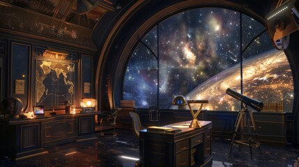 Obraz premium Starry Skies and Professional Insights Observatory with Telescopes Star Maps and Business Cards for Astronomer