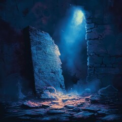 Mysterious ancient ruins with mystical light shining through a cracked wall, surrounded by glowing stones and eerie shadows.