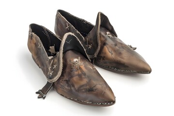 Pair of Worn Leather Pirate Style Boots Isolated on White Background