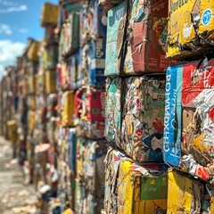 Compacted blocks of recyclable materials, predominantly paper and cardboard, stacked densely