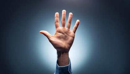 A single hand raised against a glowing backdrop, fingers outstretched, creating a sense of aspiration and hope. The soft light accentuates the hand's details, adding depth and symbolism.
