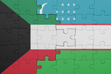 puzzle with the colourful national flag of uzbekistan and flag of kuwait .