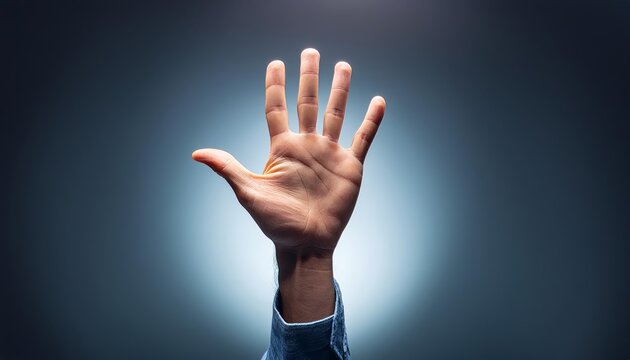 A single hand raised against a glowing backdrop, fingers outstretched, creating a sense of aspiration and hope. The soft light accentuates the hand's details, adding depth and symbolism.
