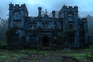 Eerie, misty forest with a towering, dilapidated structure under a full moon.