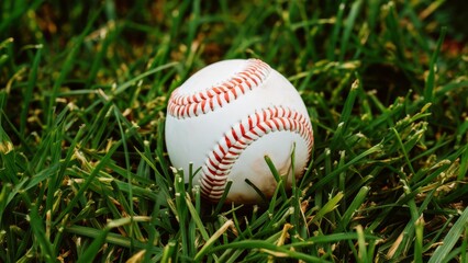 A baseball rests peacefully in the lush green grass
