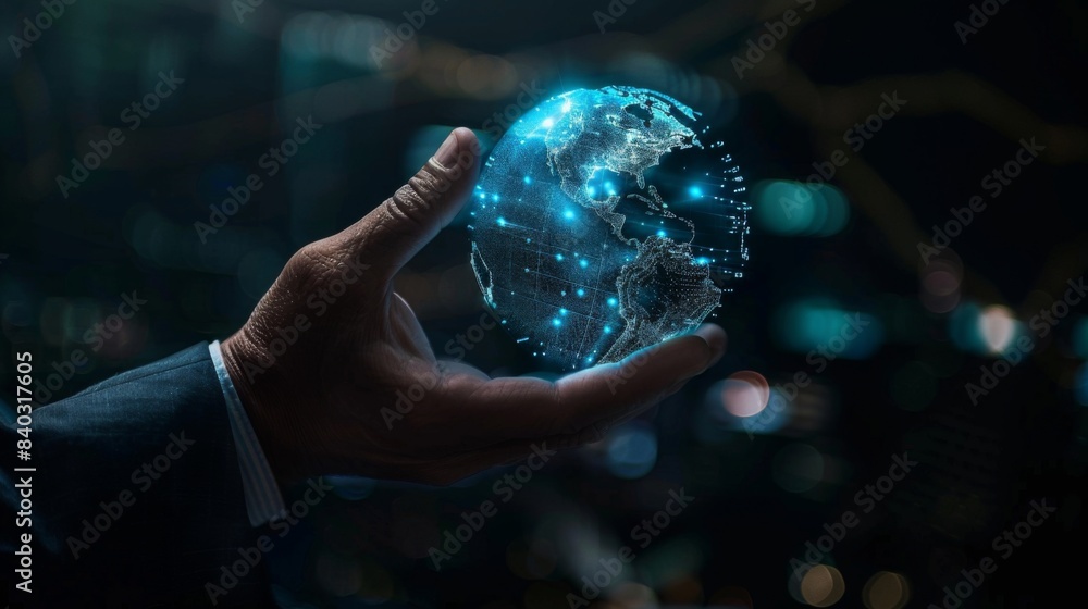 Aufkleber businessman hand in dark using america usa map globe network hologram 3d rendering