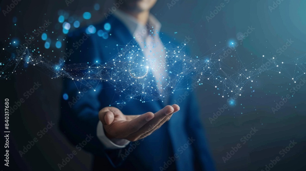 Aufkleber businessman hand show of digital data network transformation for next generation technology on cyber