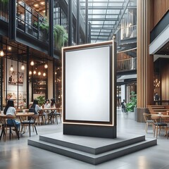A large rectangular empty white sign on a platform in a mall unique Vibrant informative.
